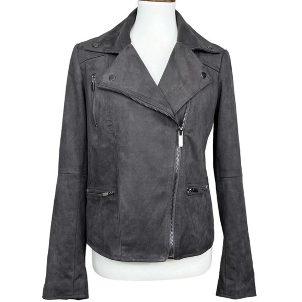 KUT From the Cloth Quinn Taupe Textured Faux Suede Motto Jacket